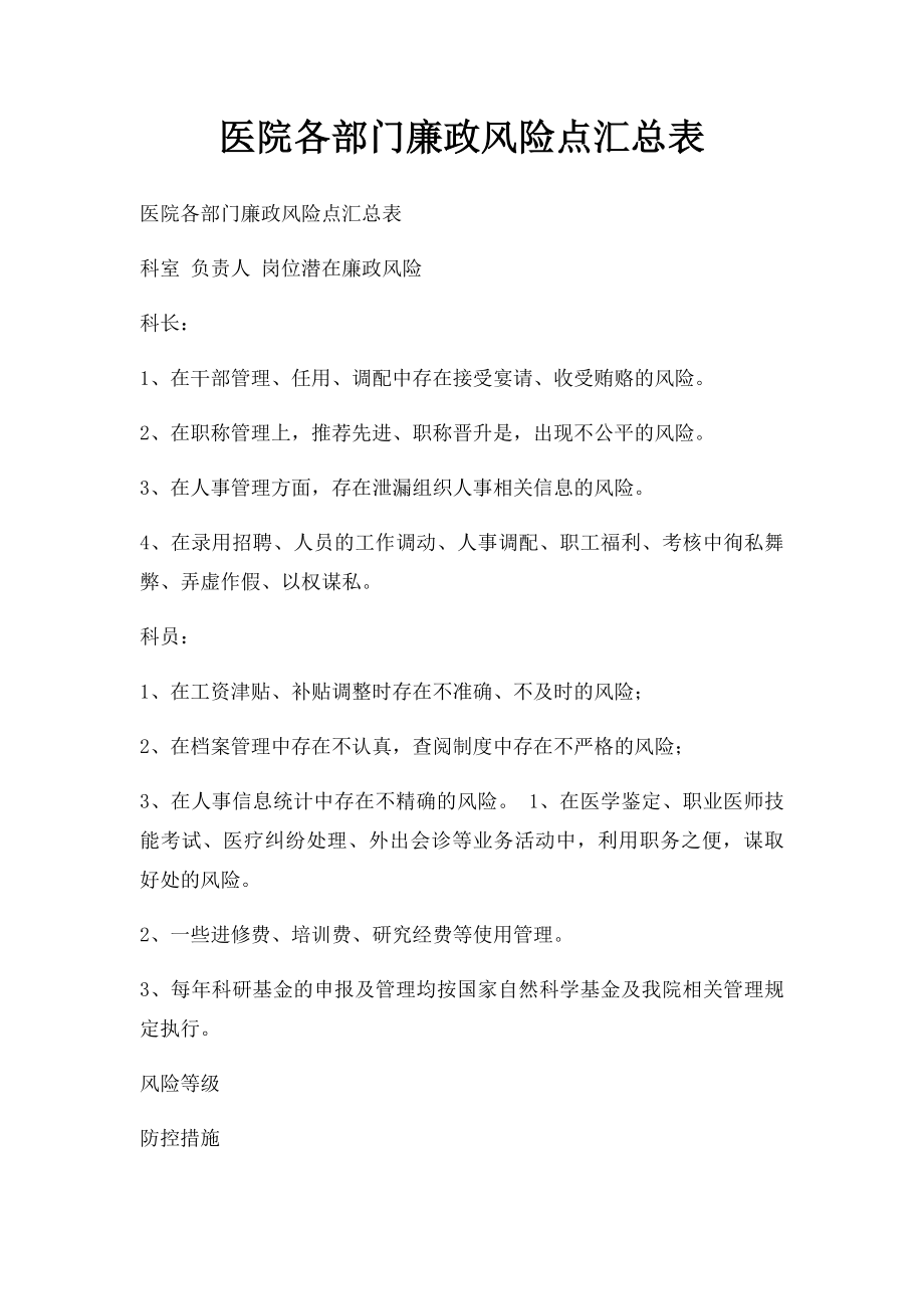 医院各部门廉政风险点汇总表.docx_第1页