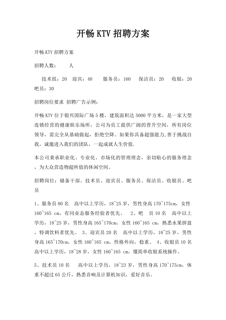 开畅KTV招聘方案.docx_第1页