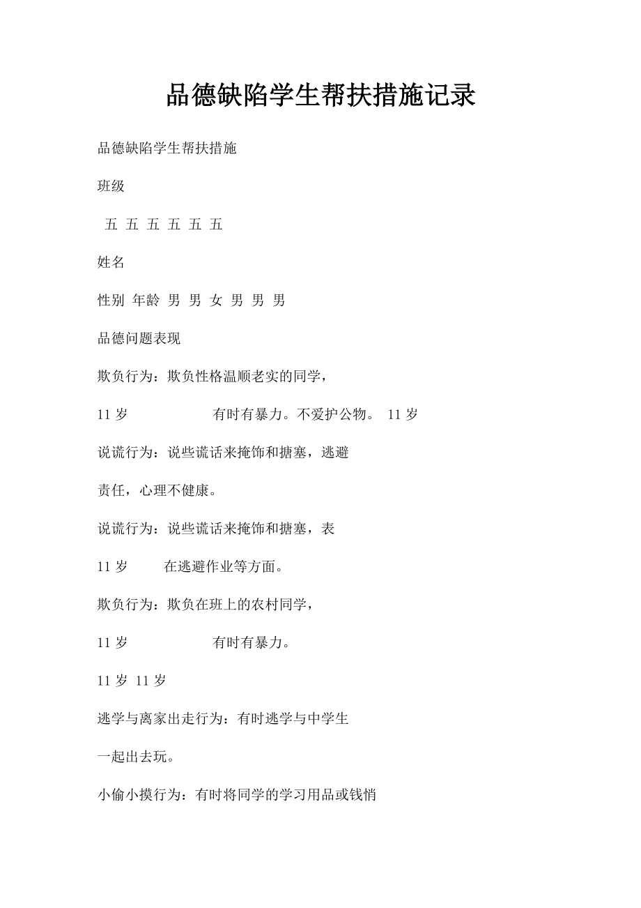 品德缺陷学生帮扶措施记录.docx_第1页