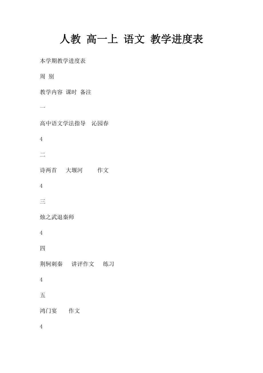 人教 高一上 语文 教学进度表.docx_第1页