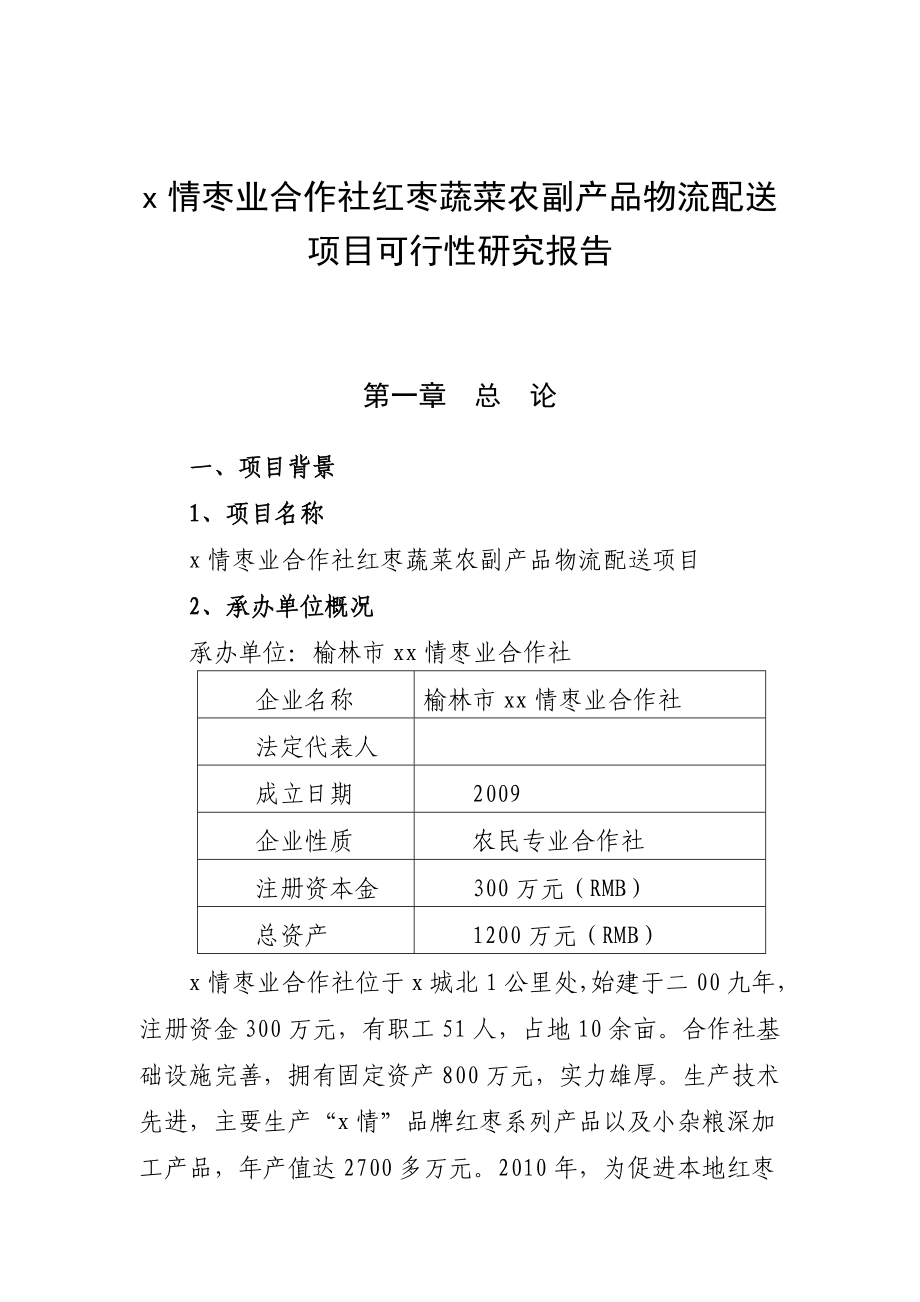 枣业合作社红枣蔬菜农副产品物流配送项目可行性研究报告.doc_第1页