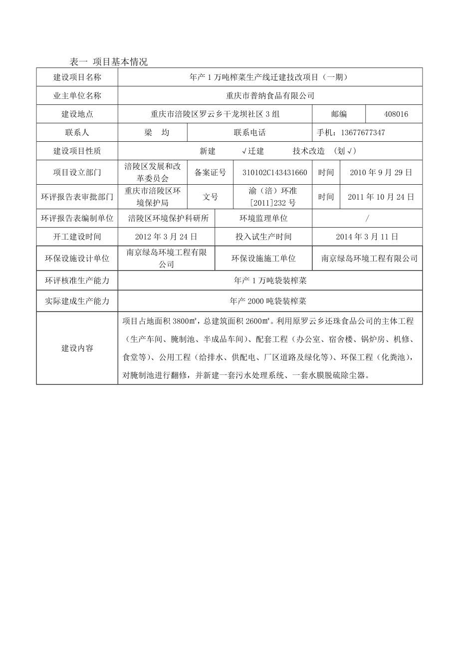 环境影响评价报告公示：万榨菜生线迁建技改一环评报告.doc_第1页