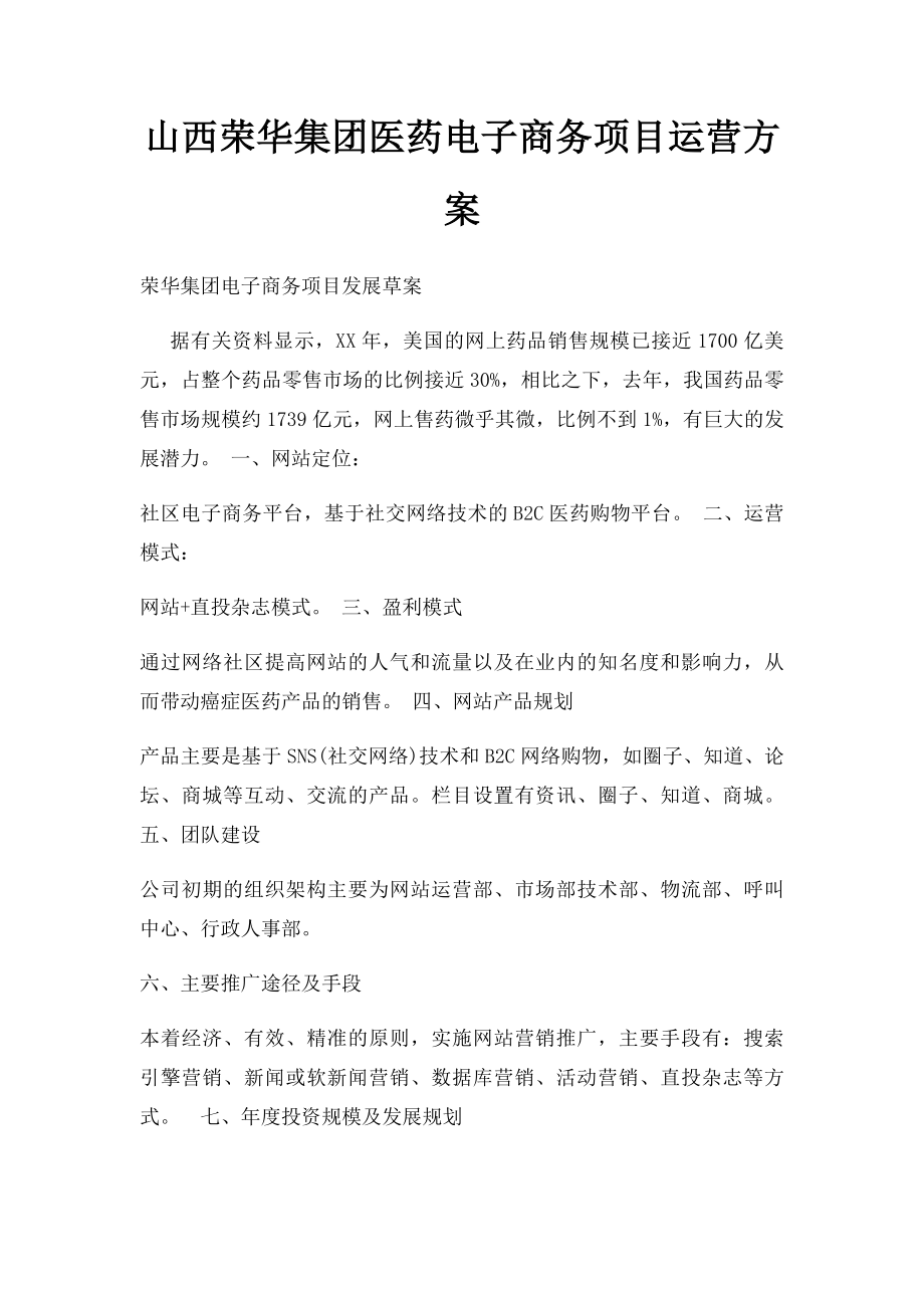 山西荣华集团医药电子商务项目运营方案.docx_第1页