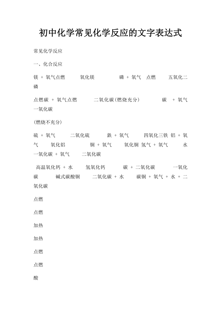 初中化学常见化学反应的文字表达式.docx_第1页