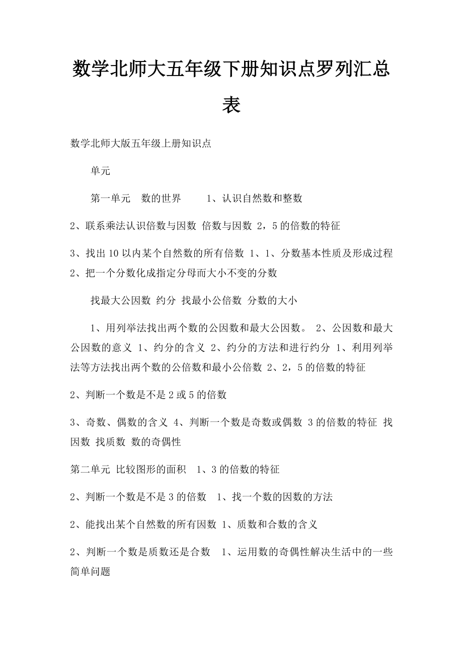 数学北师大五年级下册知识点罗列汇总表.docx_第1页