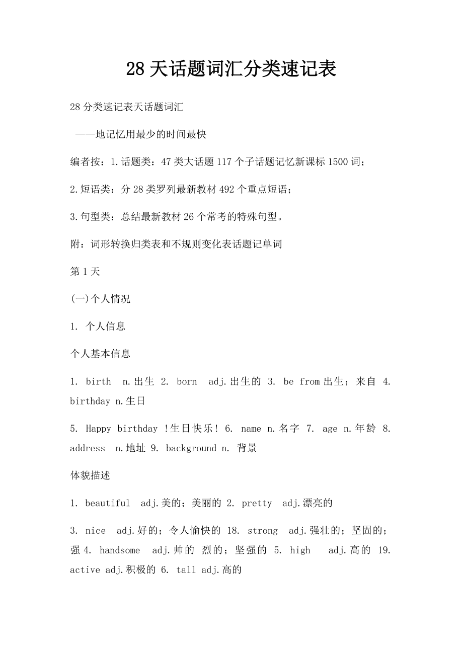 28天话题词汇分类速记表.docx_第1页