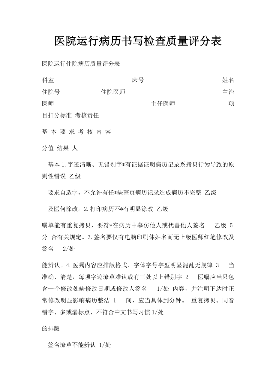 医院运行病历书写检查质量评分表.docx_第1页