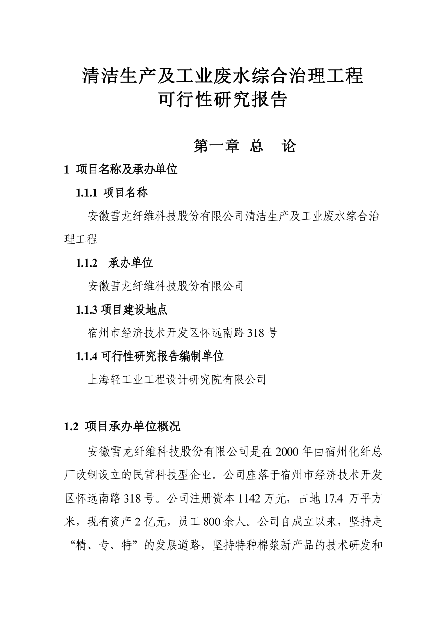 清洁生产及工业废水综合治理工程可行性研究报告 (精品) .doc_第1页