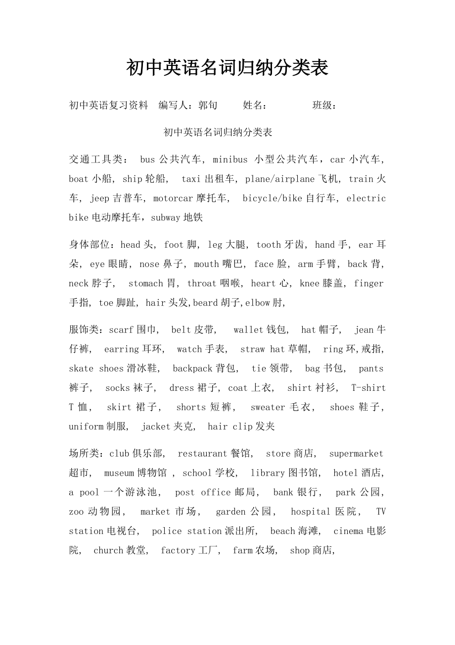 初中英语名词归纳分类表.docx_第1页