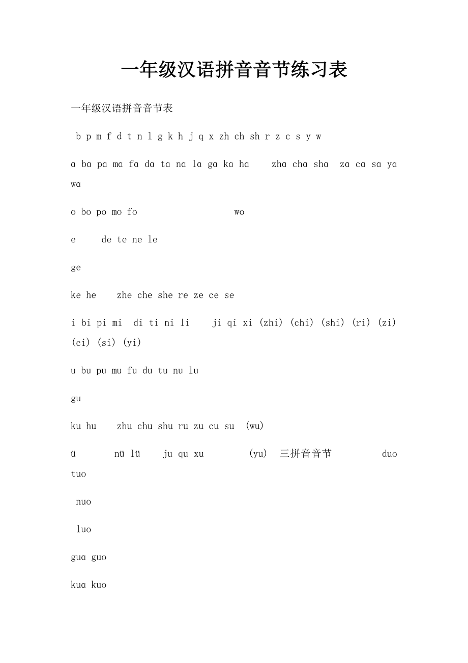 一年级汉语拼音音节练习表.docx_第1页