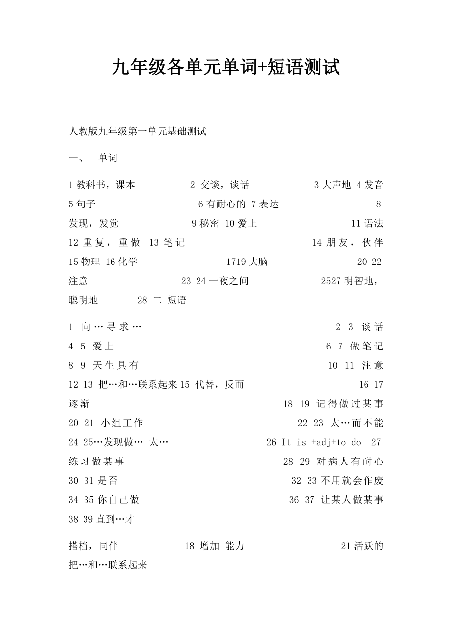 九年级各单元单词+短语测试.docx_第1页