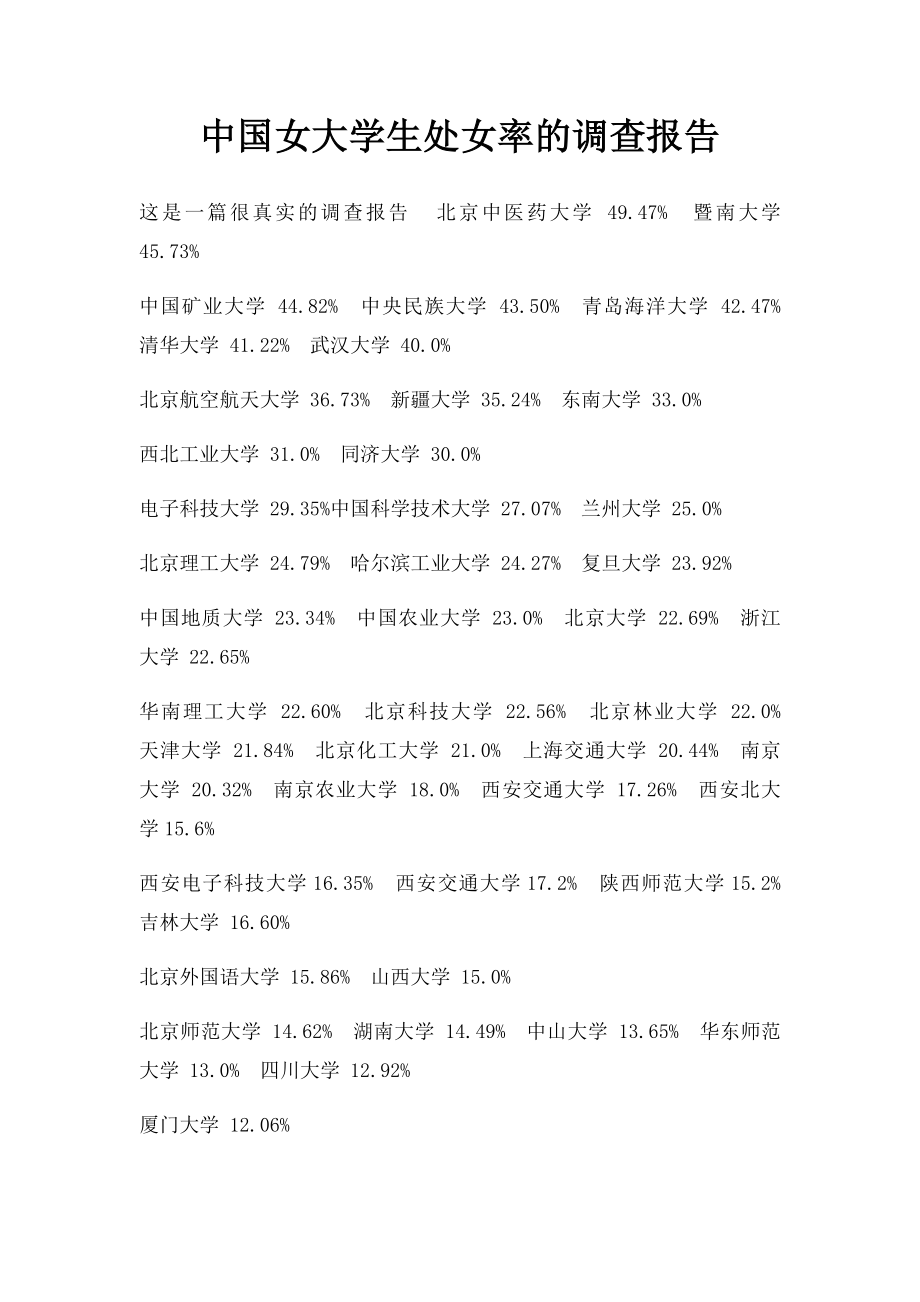 中国女大学生处女率的调查报告.docx_第1页