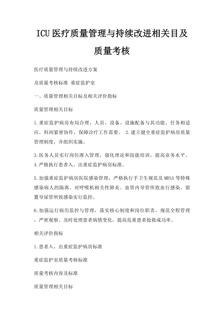 ICU医疗质量管理与持续改进相关目及质量考核(1).docx_第1页