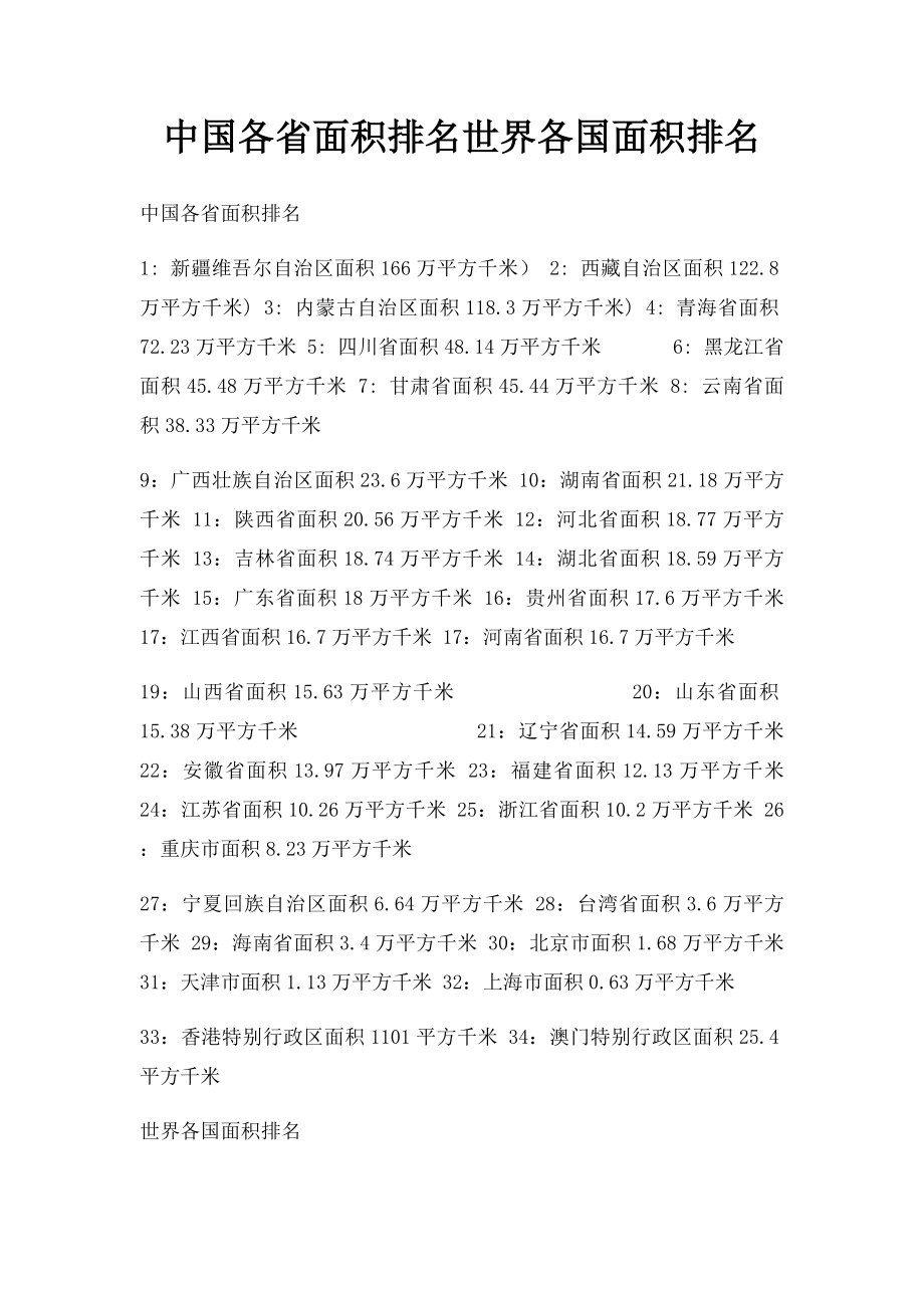 中国各省面积排名世界各国面积排名.docx_第1页