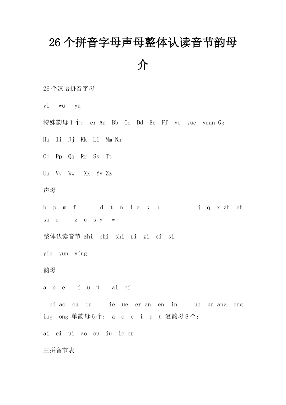 26个拼音字母声母整体认读音节韵母介.docx_第1页