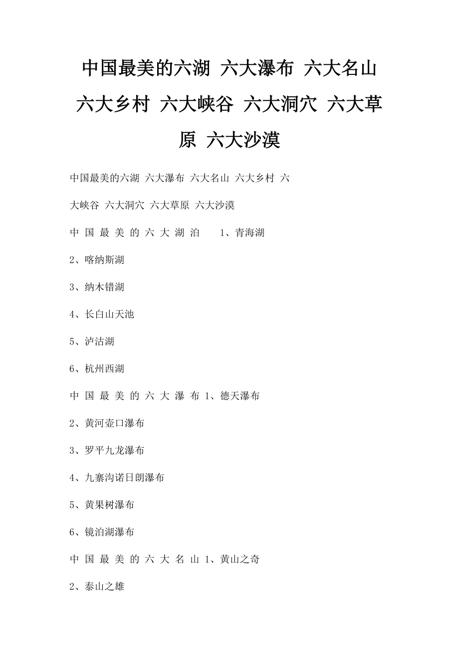 中国最美的六湖 六大瀑布 六大名山 六大乡村 六大峡谷 六大洞穴 六大草原 六大沙漠.docx_第1页