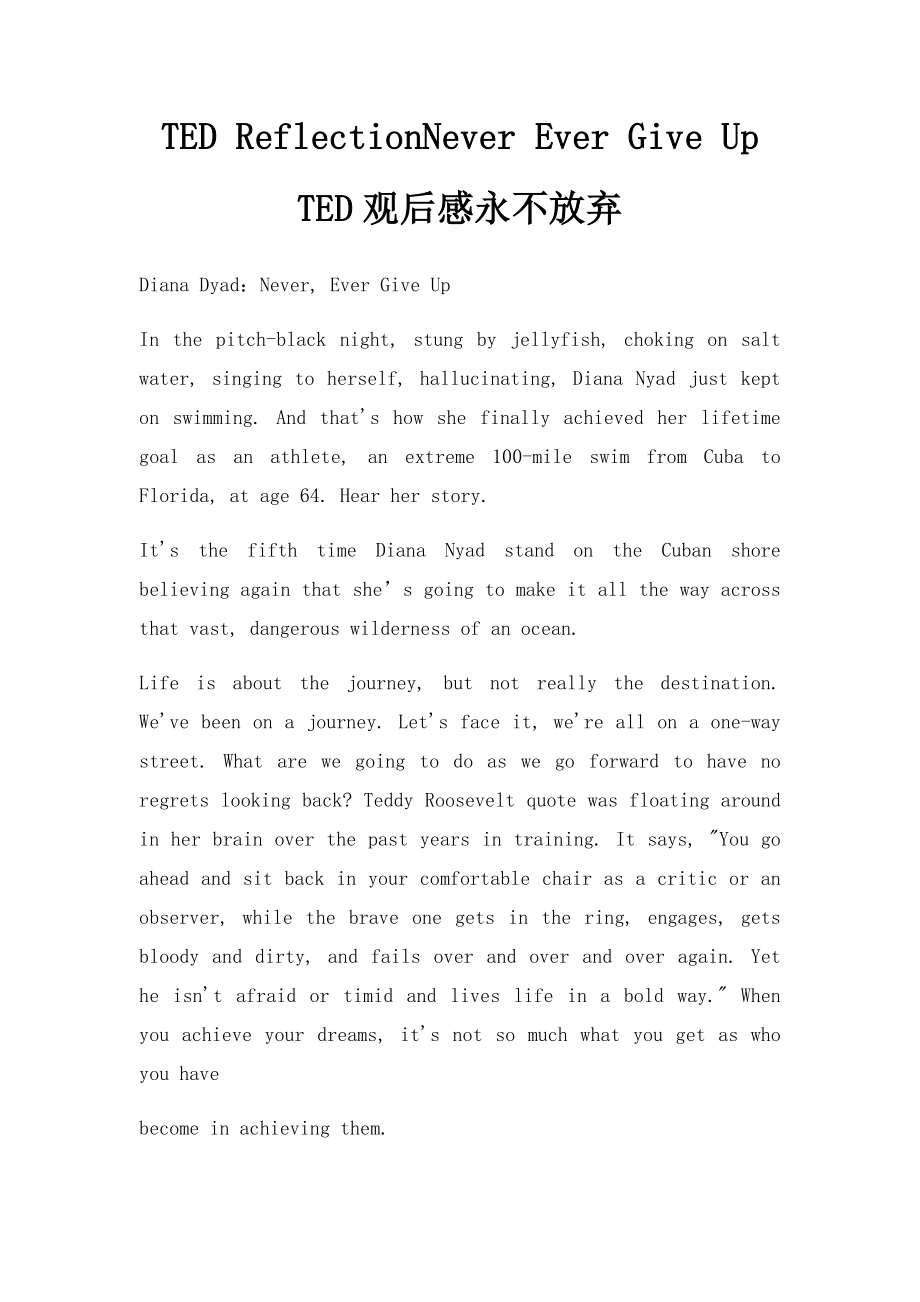 TED ReflectionNever Ever Give Up TED观后感永不放弃.docx_第1页