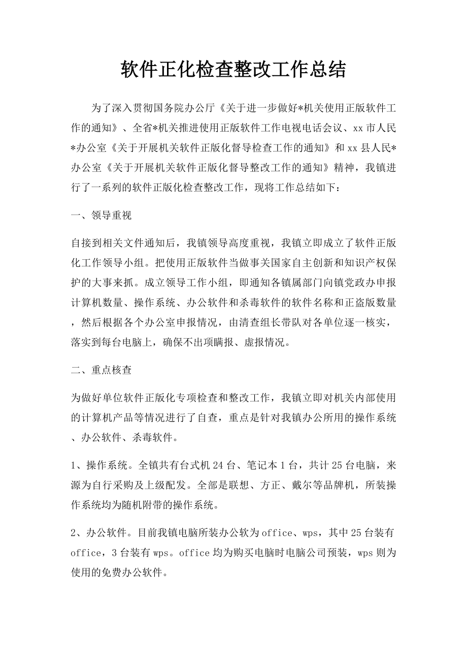 软件正化检查整改工作总结.docx_第1页