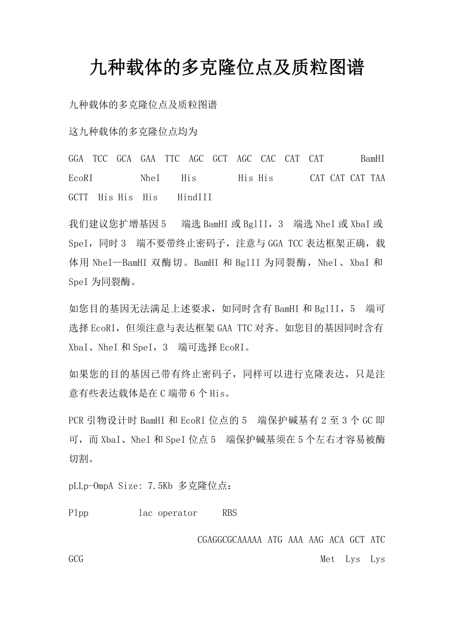 九种载体的多克隆位点及质粒图谱.docx_第1页