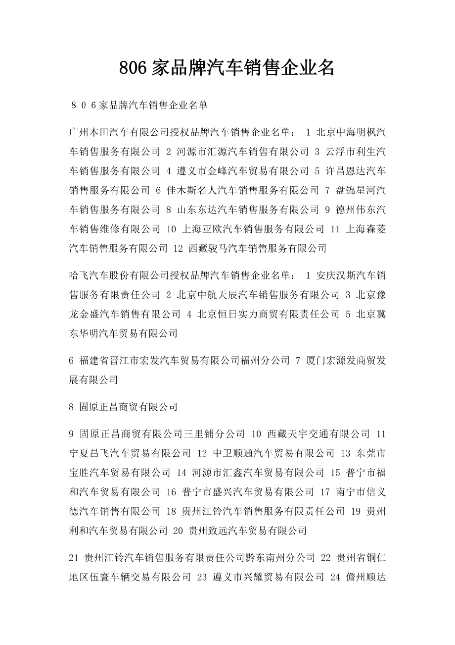 806家品牌汽车销售企业名.docx_第1页