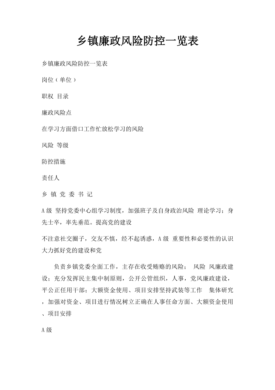 乡镇廉政风险防控一览表.docx_第1页