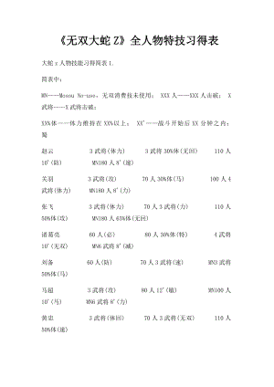 《无双大蛇Z》全人物特技习得表(1).docx