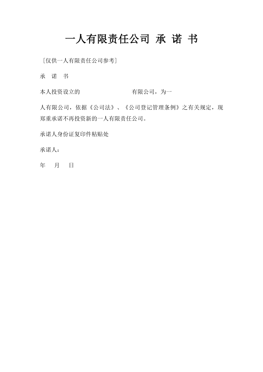 一人有限责任公司 承 诺 书.docx_第1页