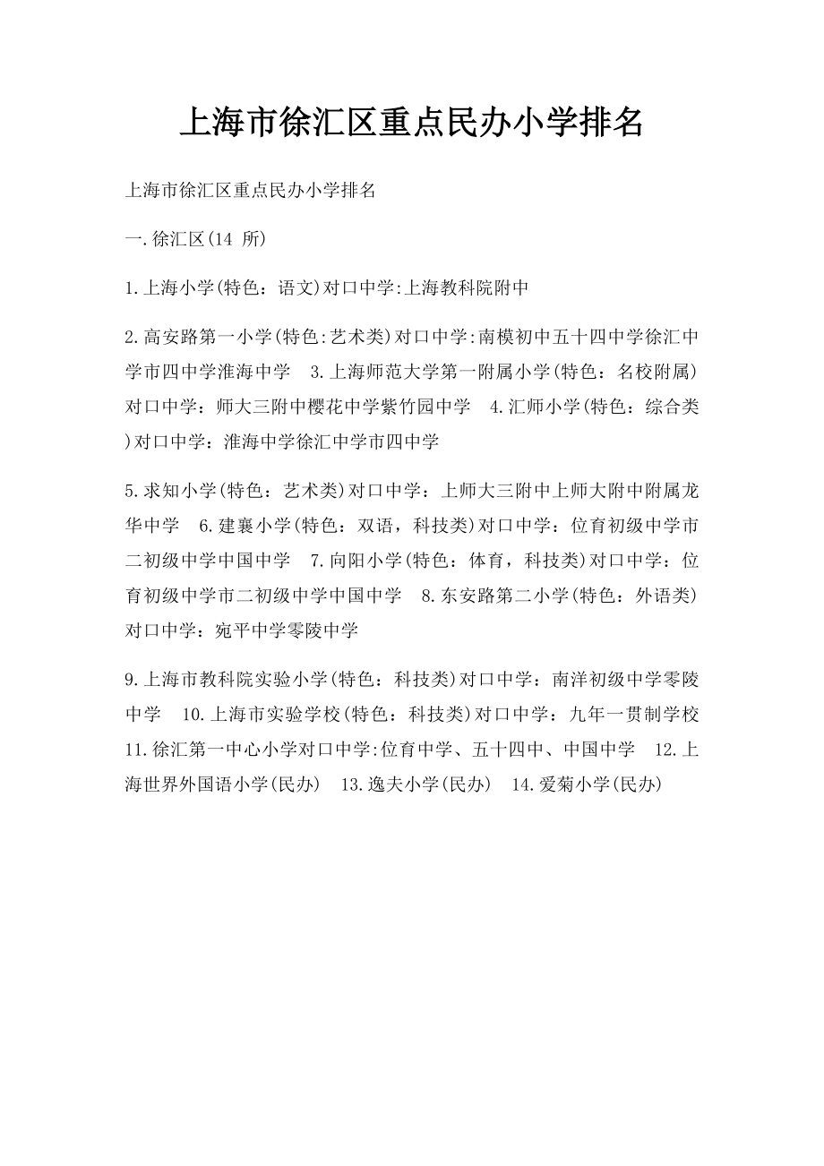 上海市徐汇区重点民办小学排名.docx_第1页