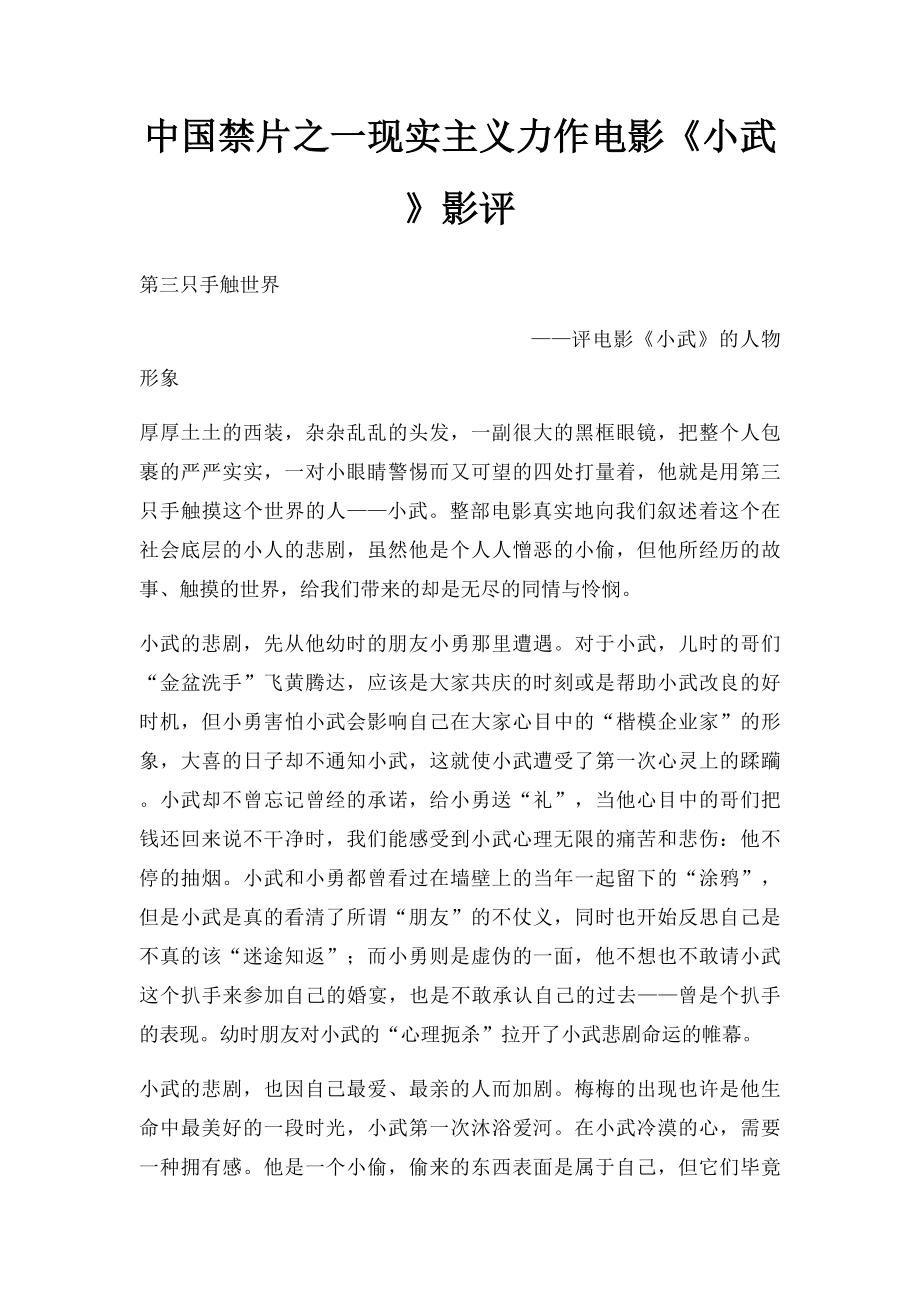 中国禁片之一现实主义力作电影《小武》影评.docx_第1页