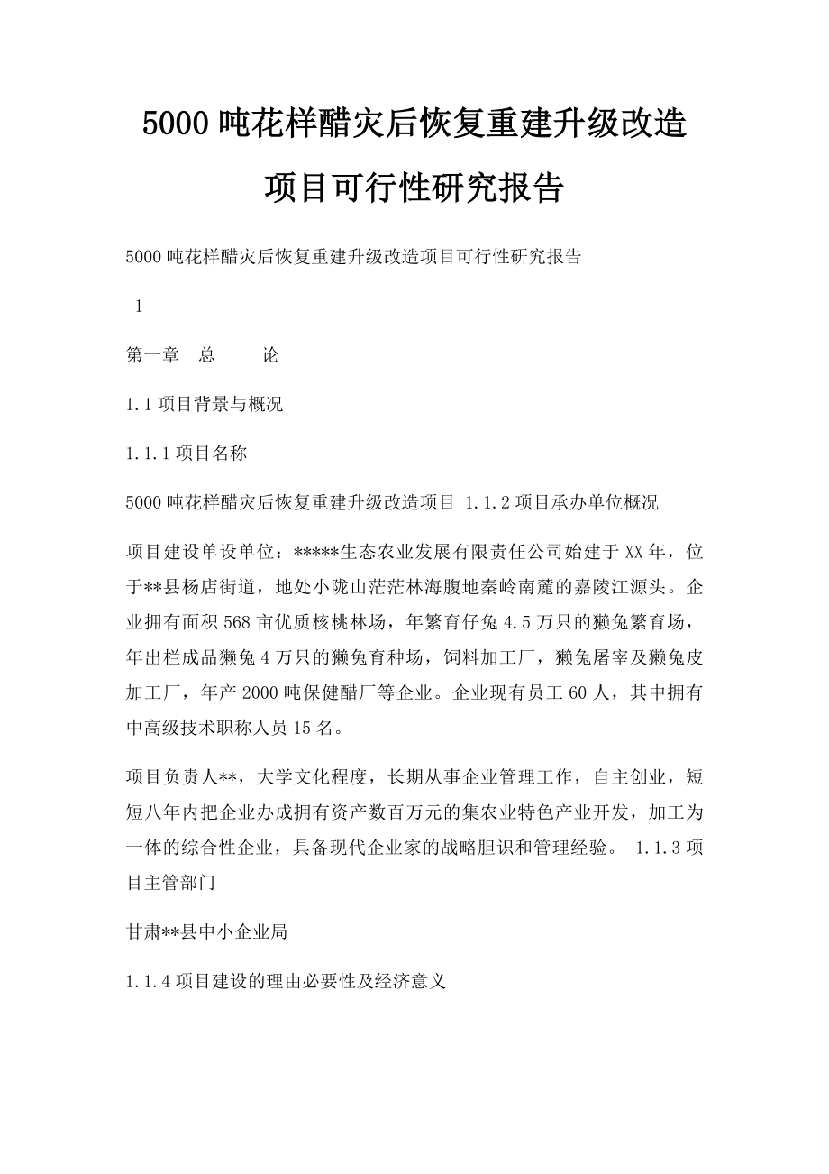 5000吨花样醋灾后恢复重建升级改造项目可行性研究报告.docx_第1页