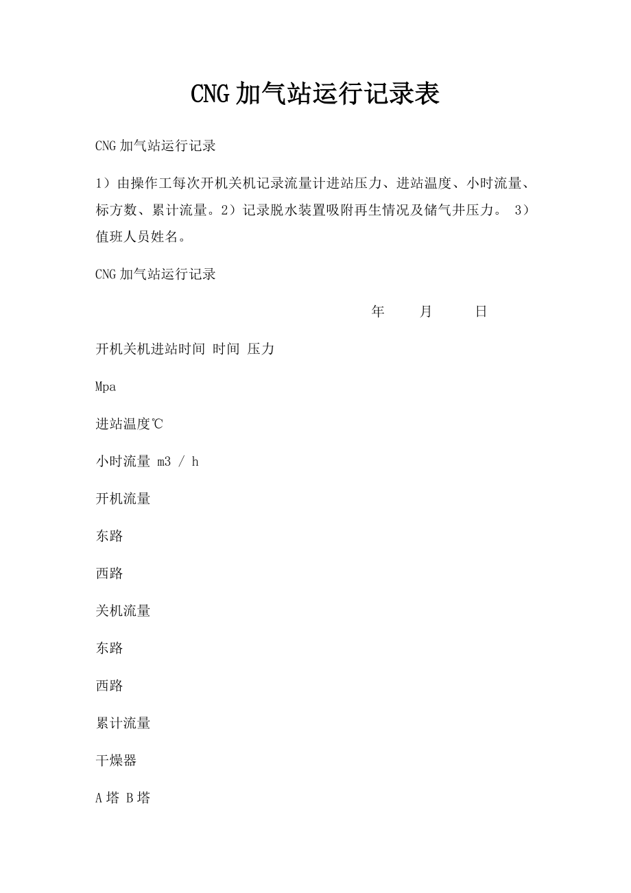 CNG加气站运行记录表.docx_第1页