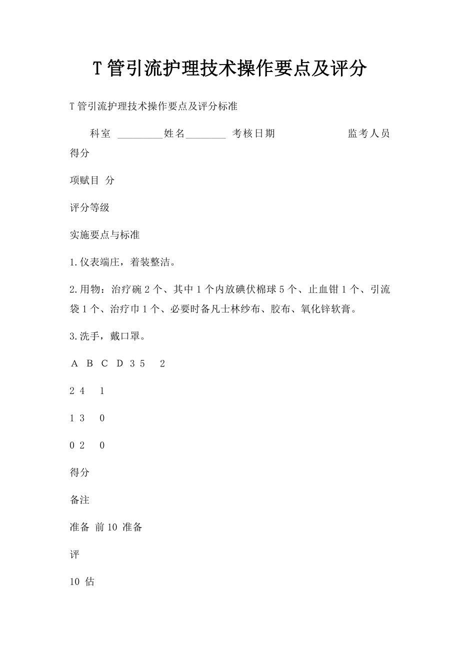 T管引流护理技术操作要点及评分.docx_第1页