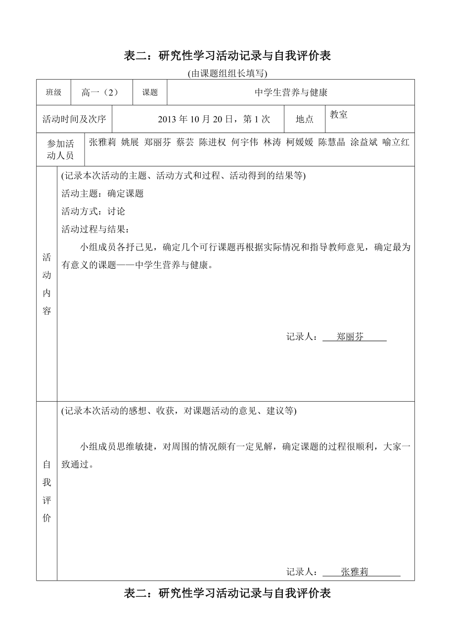 研究性学习全套资料开题报告及结题报告 中学生营养与健康.doc_第2页