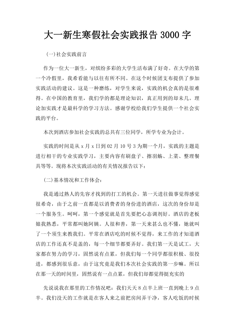 大一新生寒假社会实践报告3000字.docx_第1页