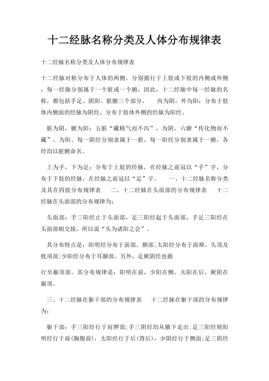 十二经脉名称分类及人体分布规律表.docx_第1页