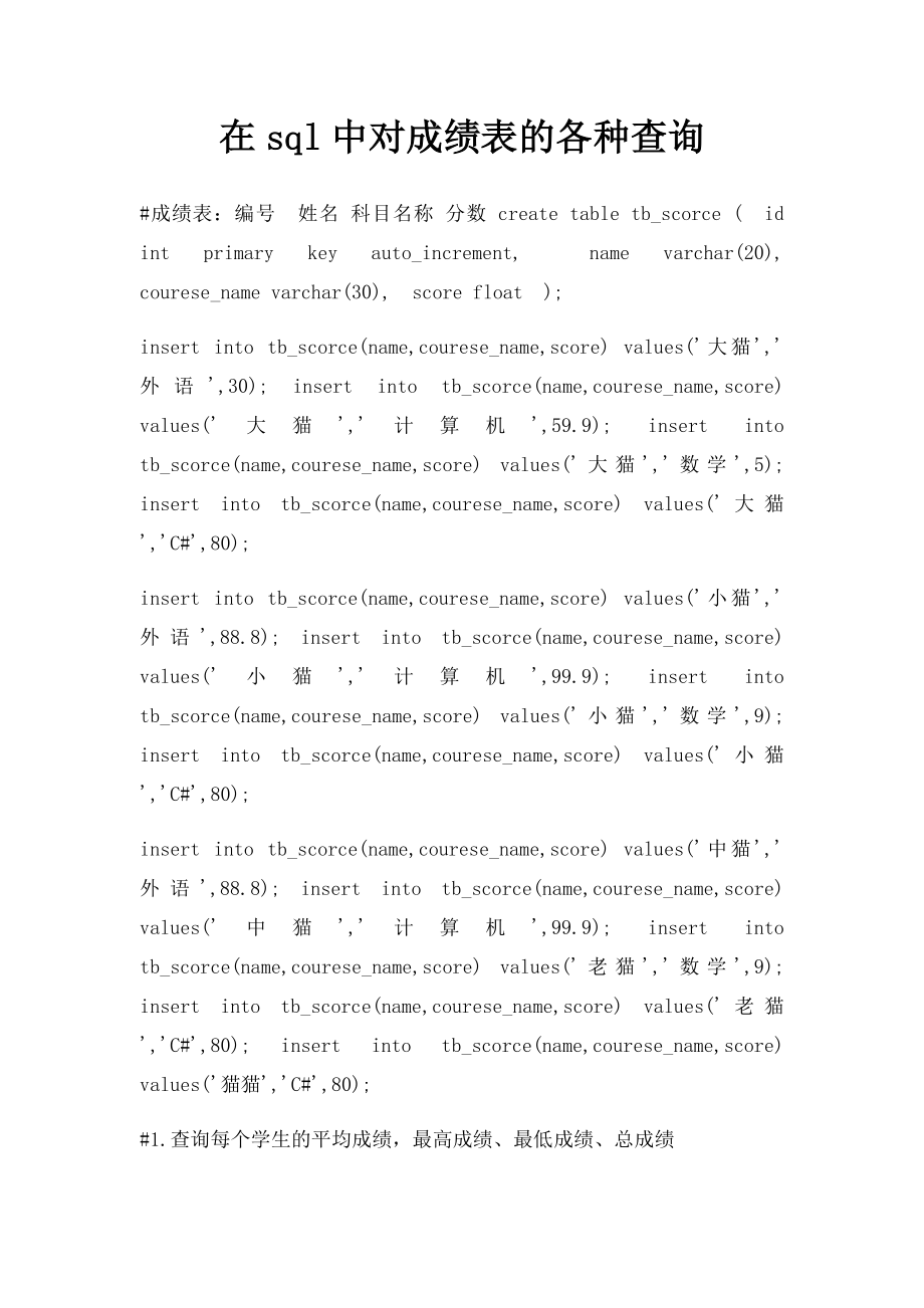 在sql中对成绩表的各种查询.docx_第1页
