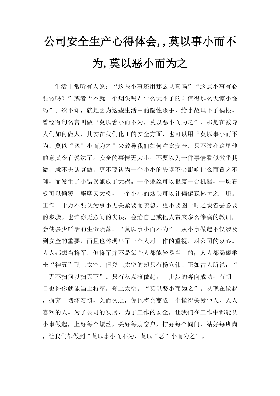 公司安全生产心得体会,,莫以事小而不为,莫以恶小而为之.docx_第1页