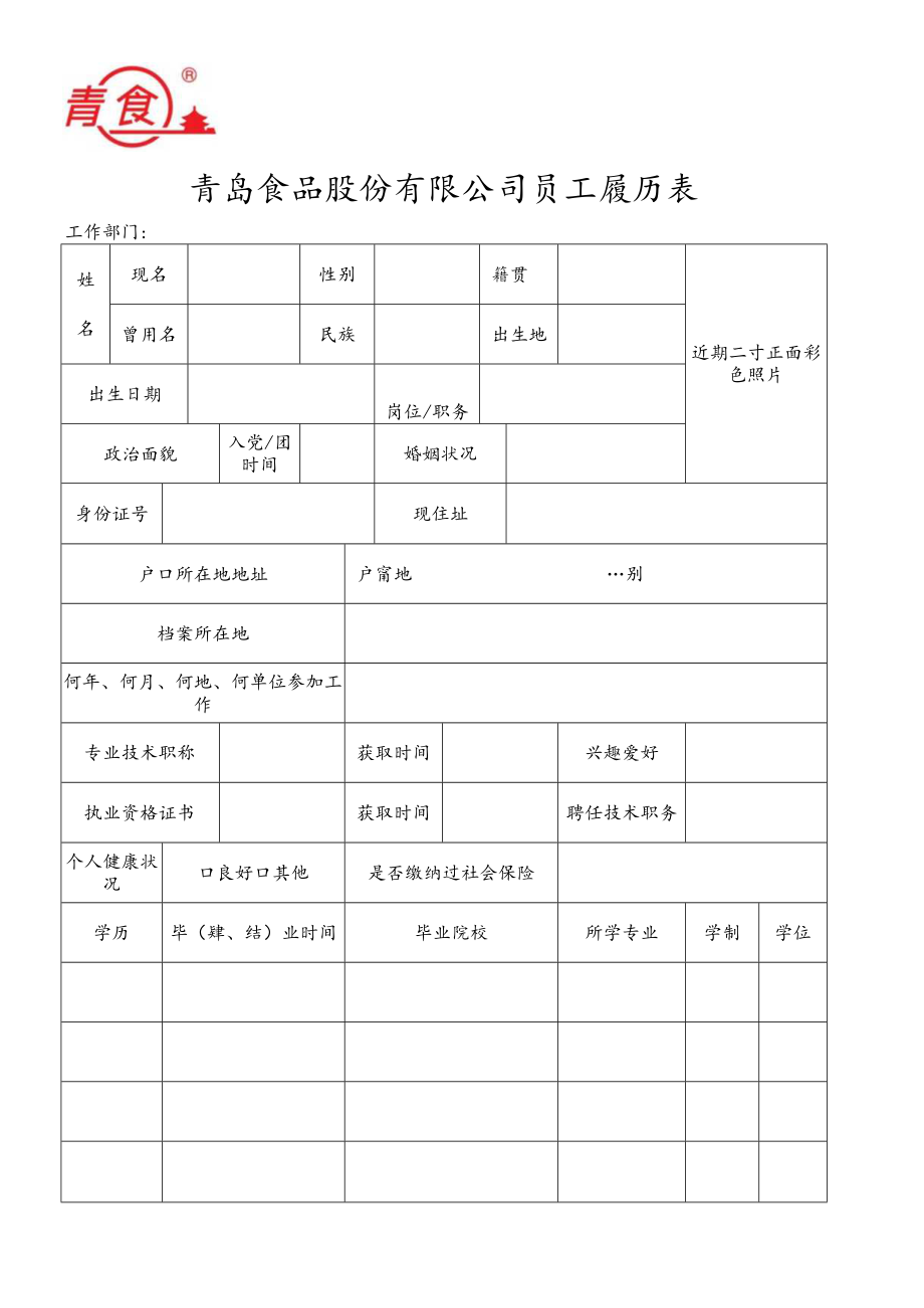 青岛食品股份有限公司员工履历表工作部门.docx_第1页