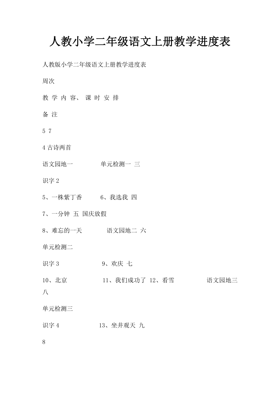 人教小学二年级语文上册教学进度表.docx_第1页