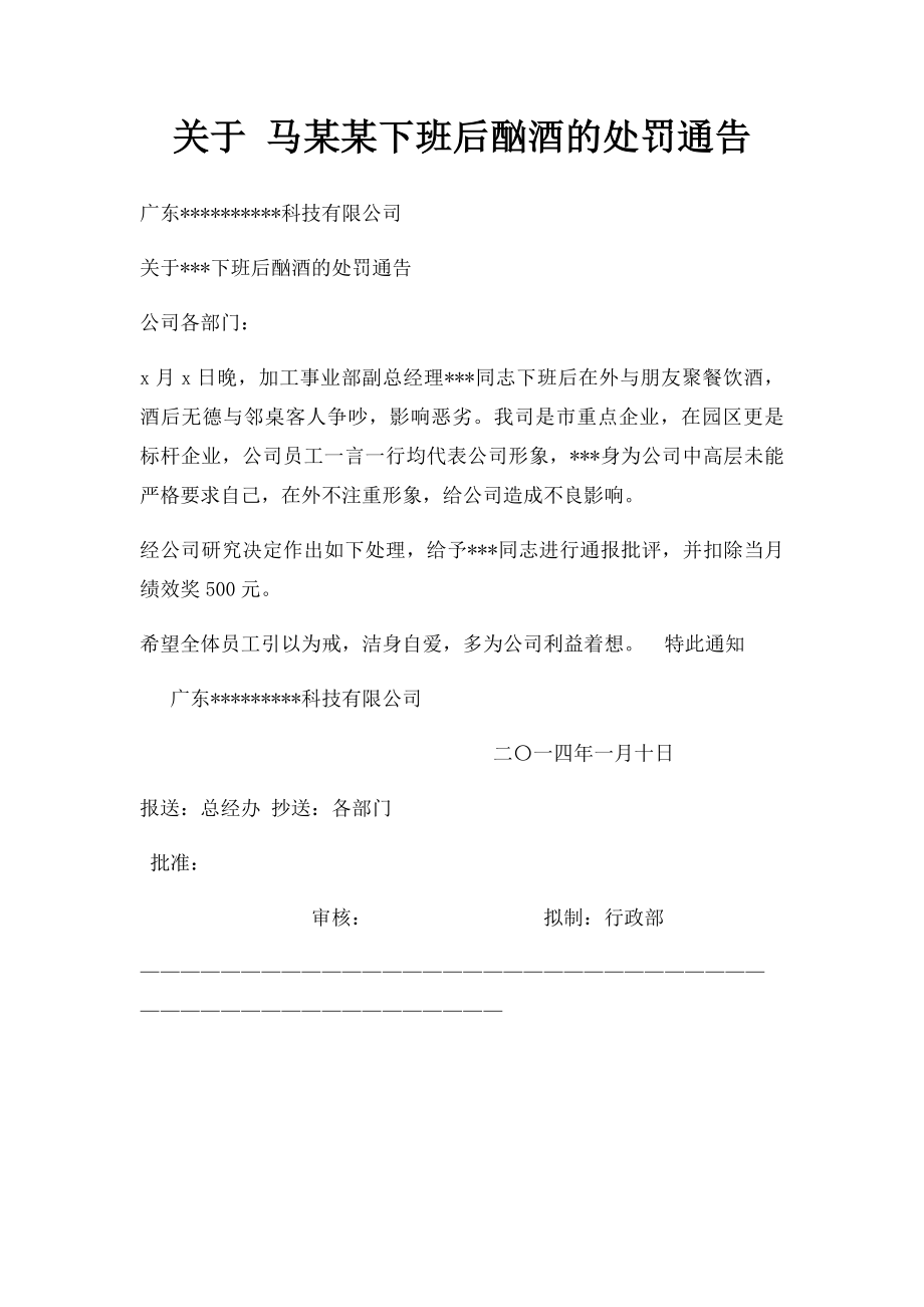 关于 马某某下班后酗酒的处罚通告.docx_第1页