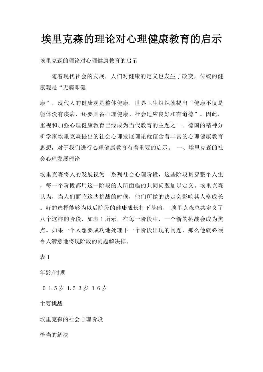 埃里克森的理论对心理健康教育的启示.docx_第1页