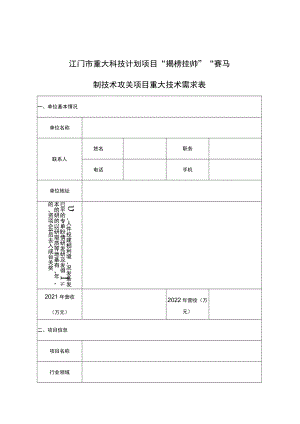 江门市重大科技计划项目“揭榜挂帅”“赛马”制技术攻关项目重大技术需求表.docx