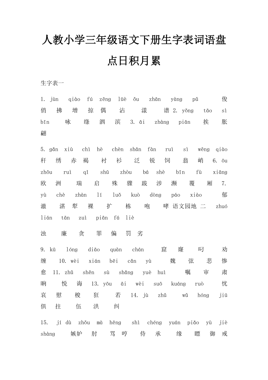 人教小学三年级语文下册生字表词语盘点日积月累(1).docx_第1页