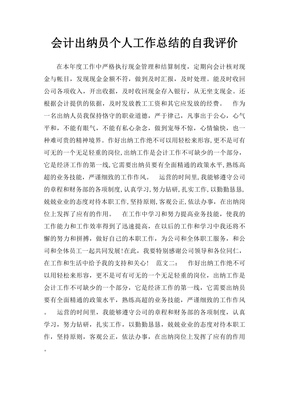 会计出纳员个人工作总结的自我评价.docx_第1页