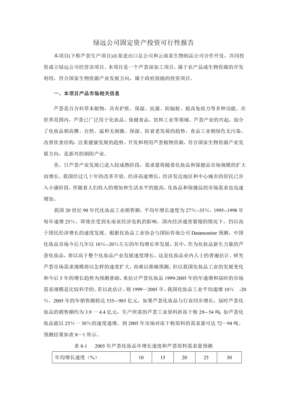 绿远公司固定资产投资芦荟生产项目可行性报告.doc_第1页