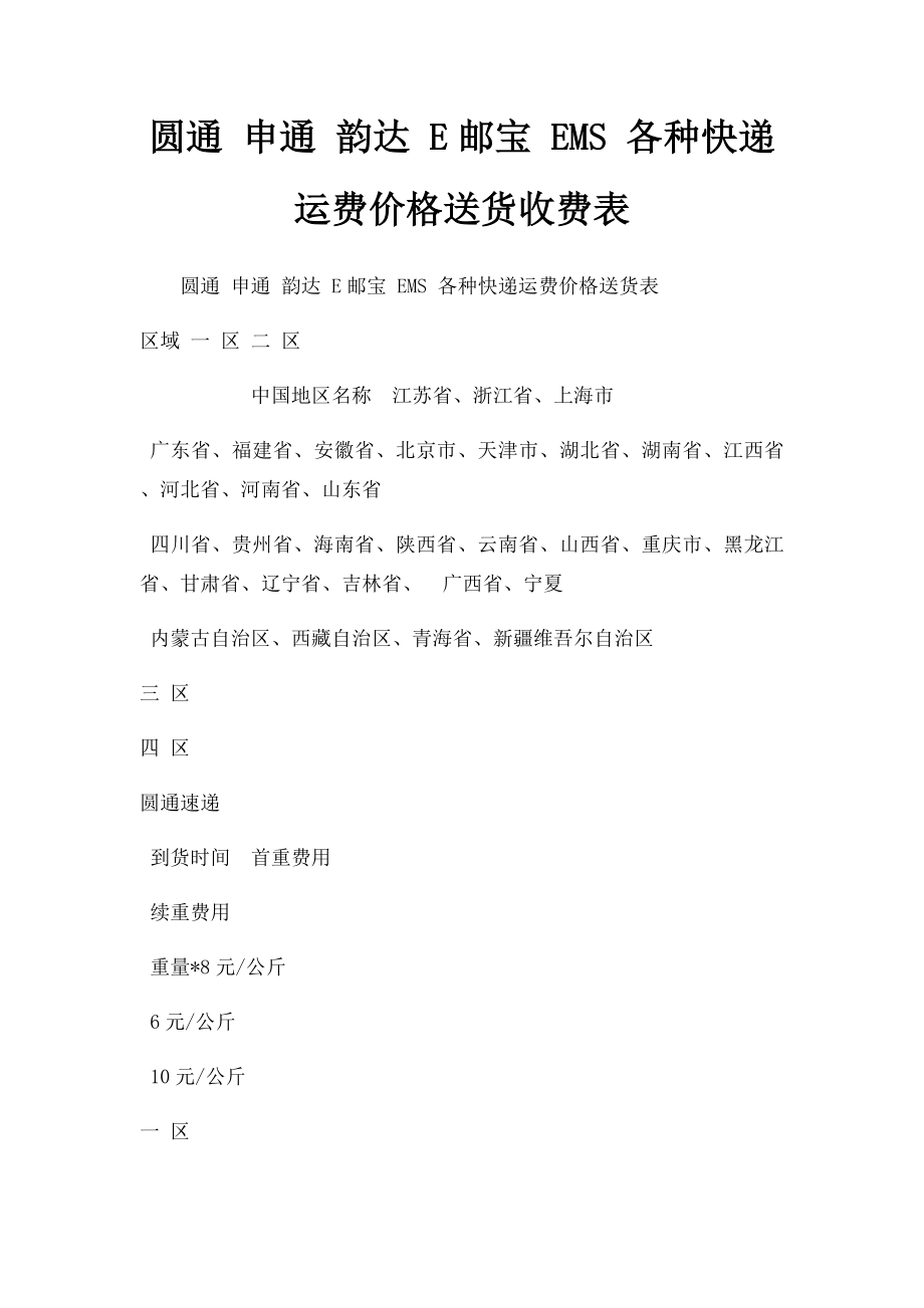 圆通 申通 韵达 E邮宝 EMS 各种快递运费价格送货收费表.docx_第1页