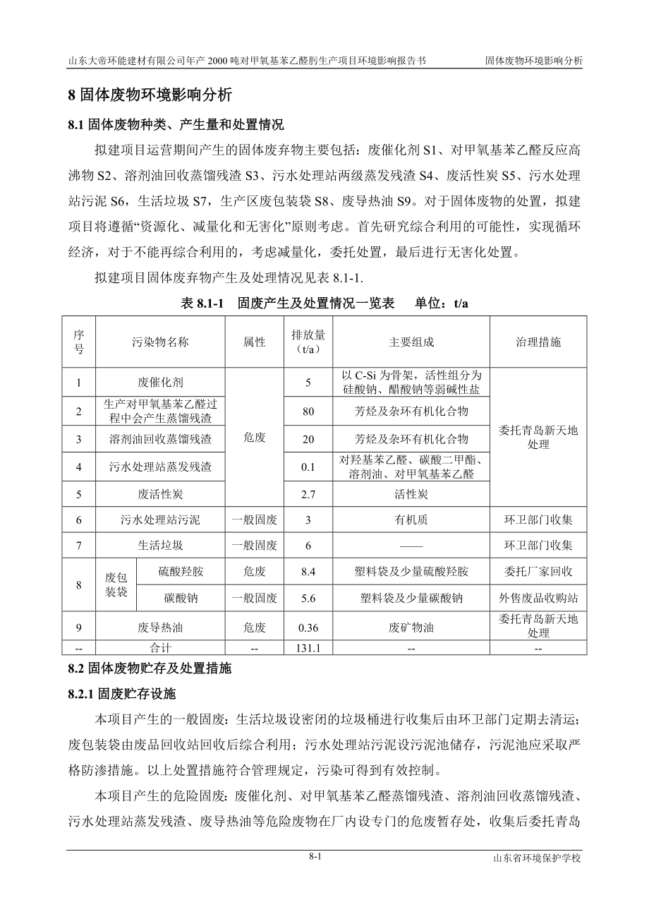 环境影响评价报告公示：对甲氧基苯乙醛肟生产项目8固体废物环评报告.doc_第1页