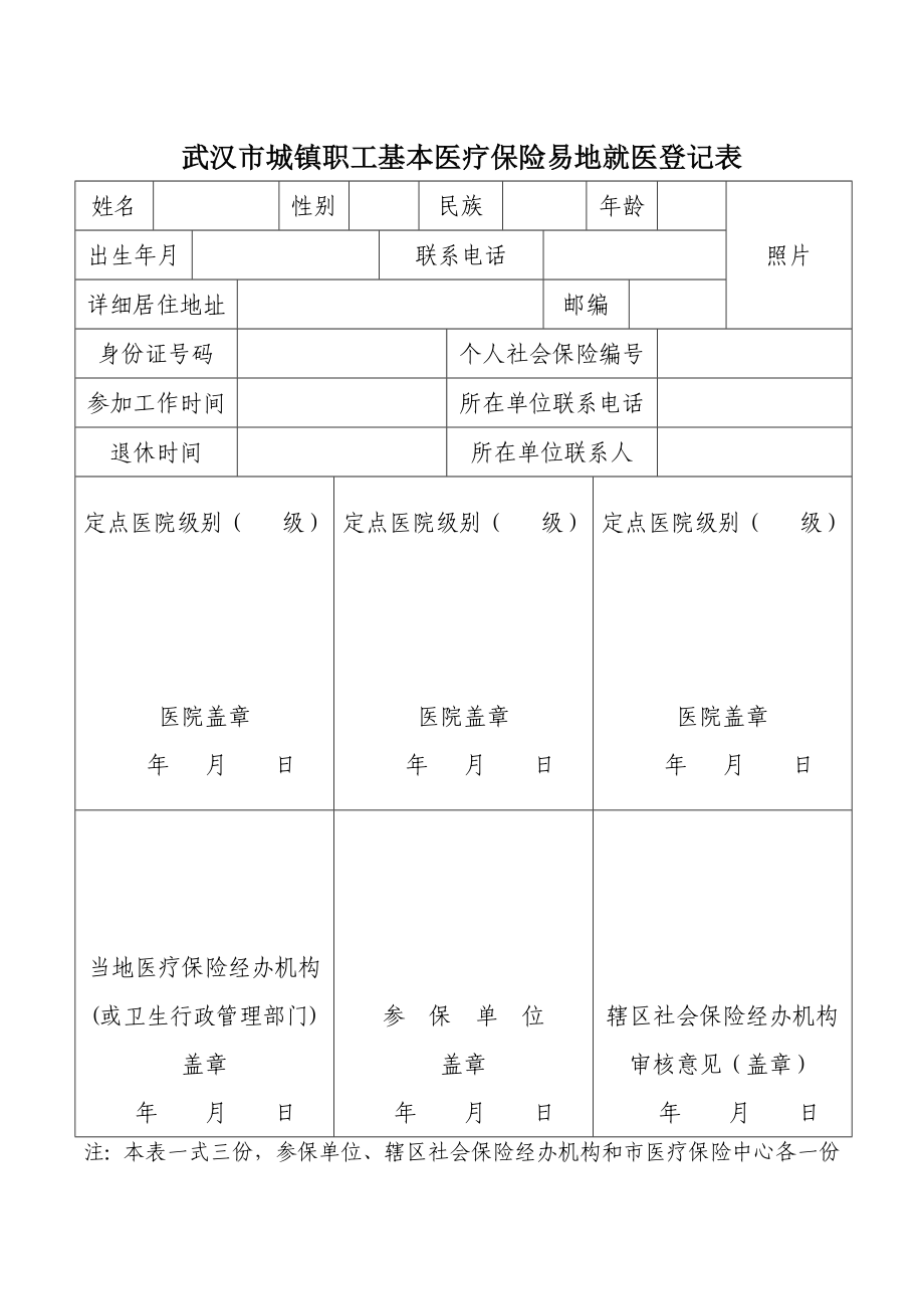 武汉市城镇职工基本医疗保险易地人员登记表.doc_第1页