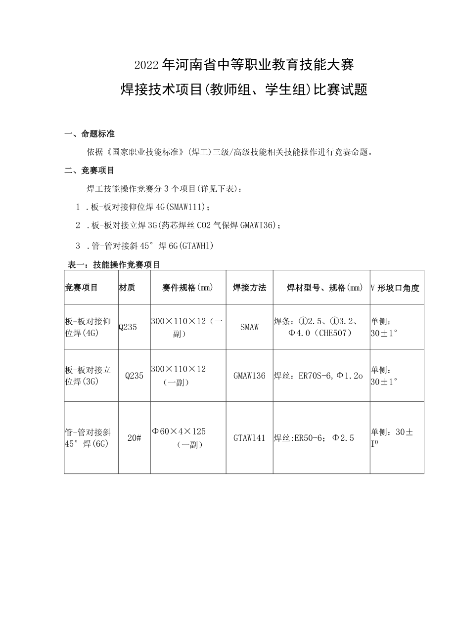 焊接技术项目比赛试题-2022年河南省中等职业教育技能大赛题库.docx_第1页