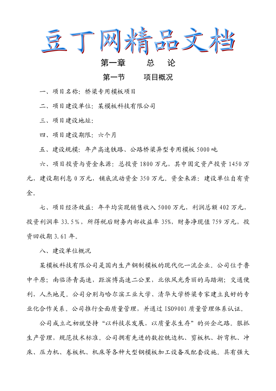 桥梁专用模板项目可行性研究报告.doc_第1页